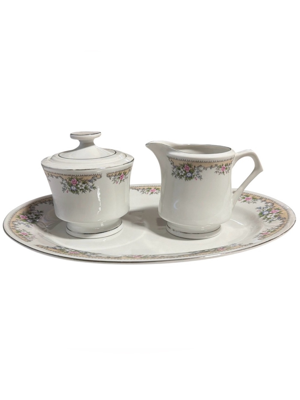 Porcelain Creamer and Covered Sugar Set with Pink Floral Trim